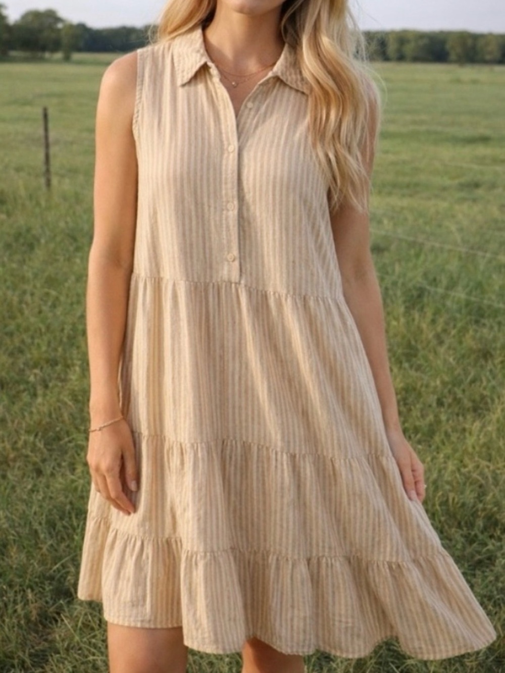 Jessica Simpson Linen Blend Sleeveless Tiered Shirt Dress SzL Tan/White Coastal